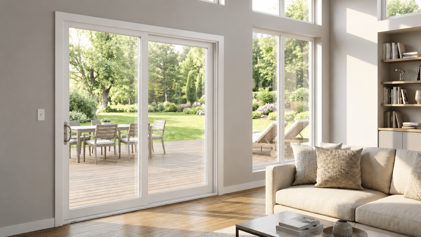 MP Doors composite gliding patio door in a sunlit living room